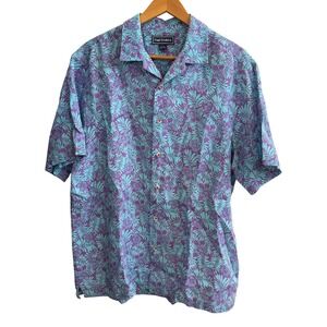 Paul Fredrick Men Linen Button Up Shirt L Floral Purple Teal Tropical Resortwear